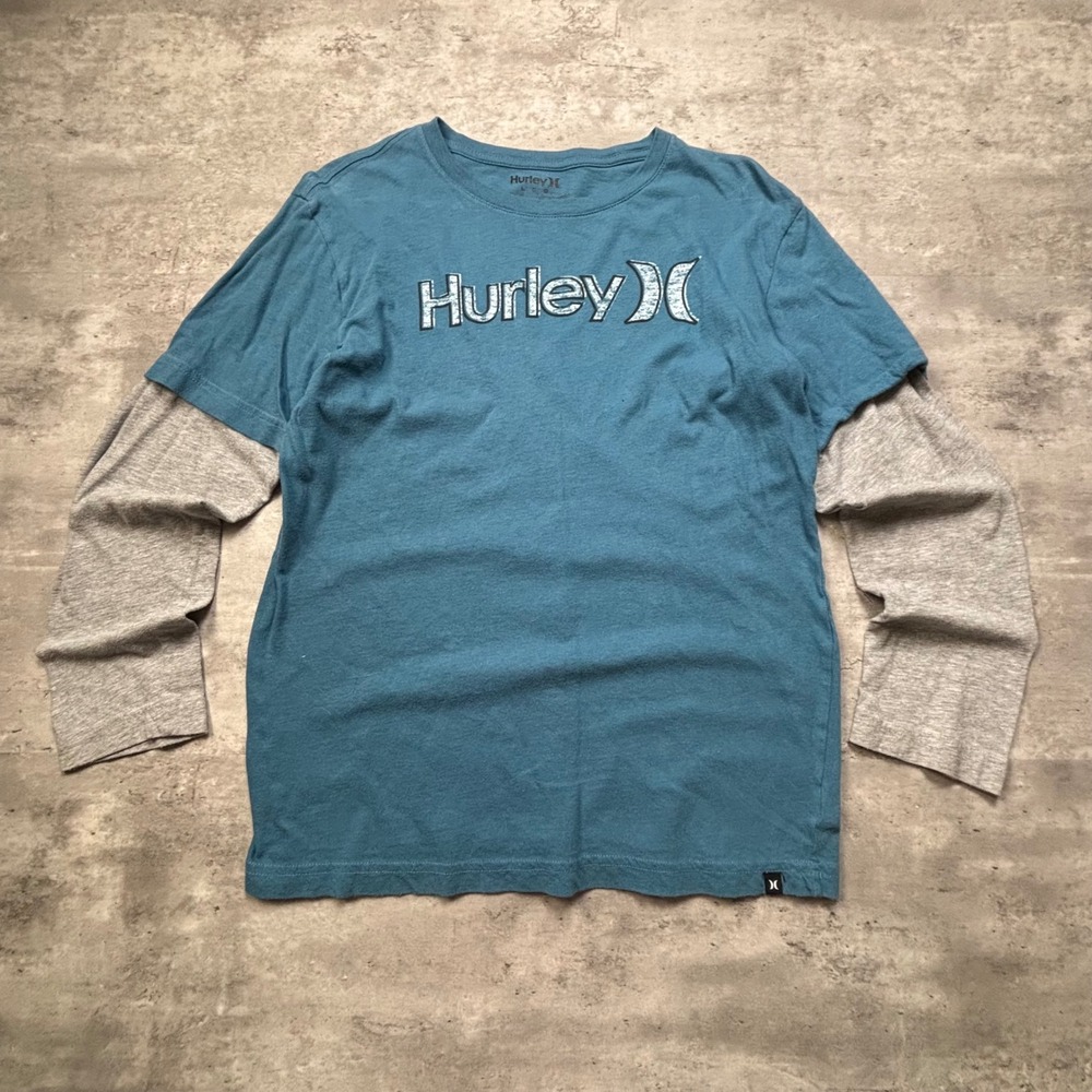 Hurley Layered Long Sleeve Shirt Large Blue Gray Y2K Graphic Tee